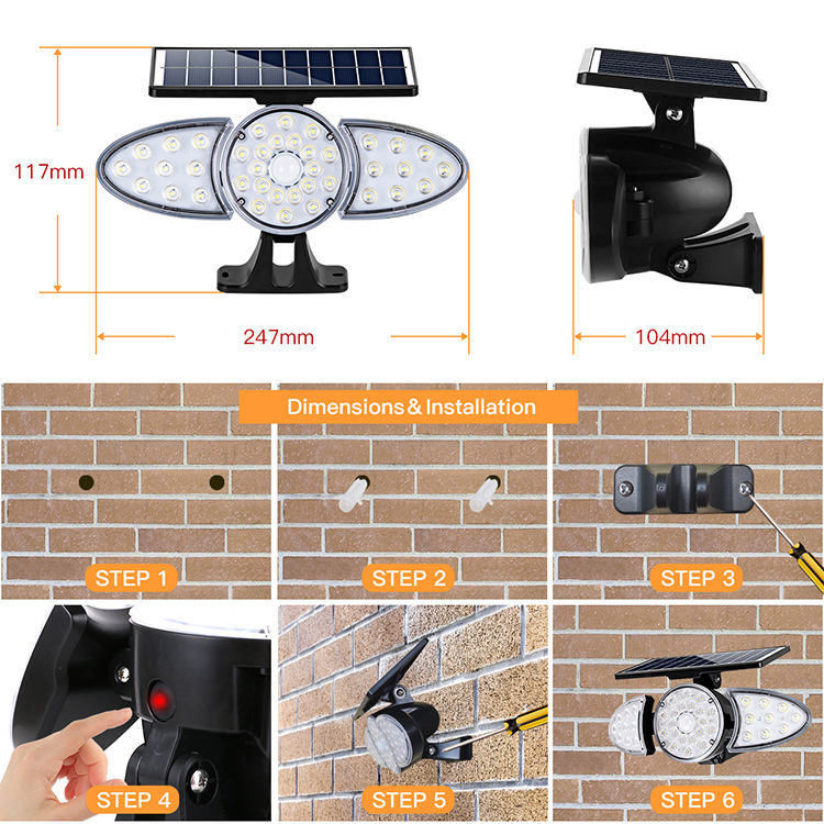 IP65 Capteur de mouvement à énergie solaire Lampes solaires de sécurité d'urgence extérieure Jardin Lampes murales solaires