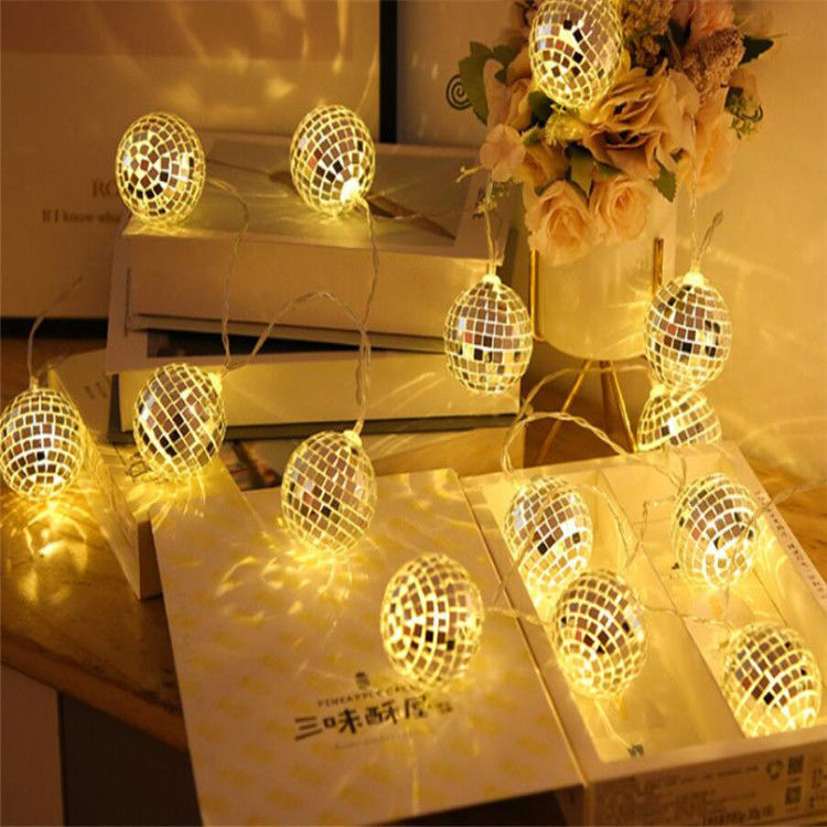 Lampe à cordes LED à bille de miroir argentée pour la fête de Noël
