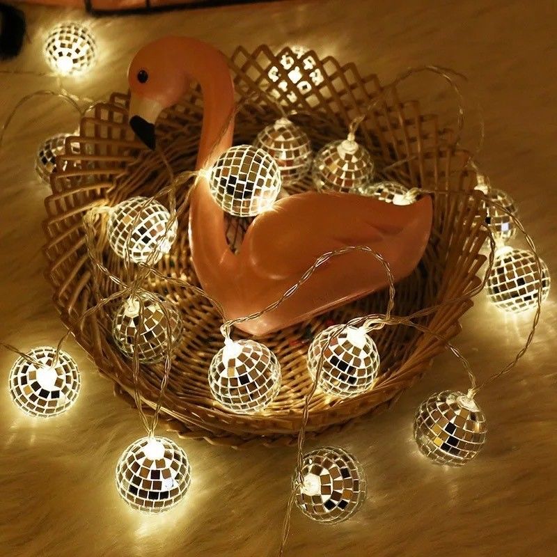 Lampe à cordes LED à bille de miroir argentée pour la fête de Noël