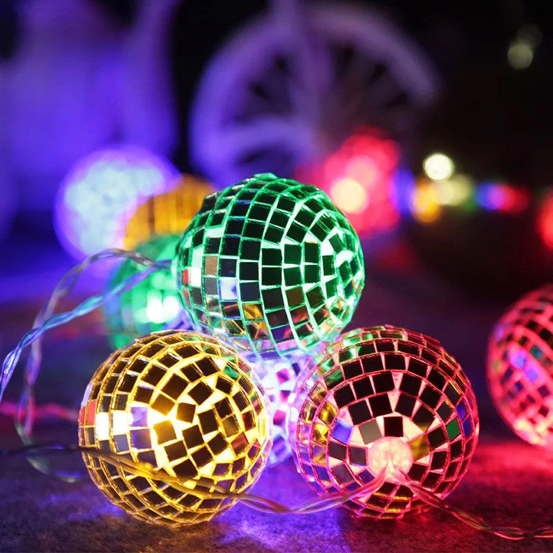 Lampe à cordes LED à bille de miroir argentée pour la fête de Noël