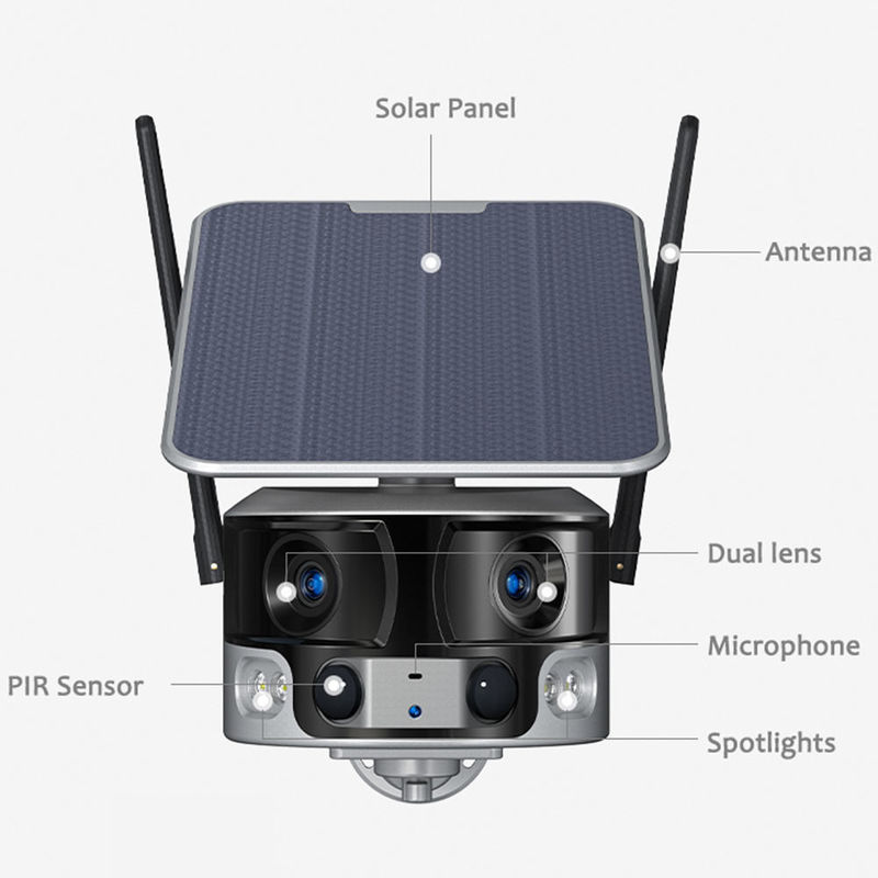 8 millions d'articulations horizontales caméra solaire extérieure caméra de vidéosurveillance à double lentille