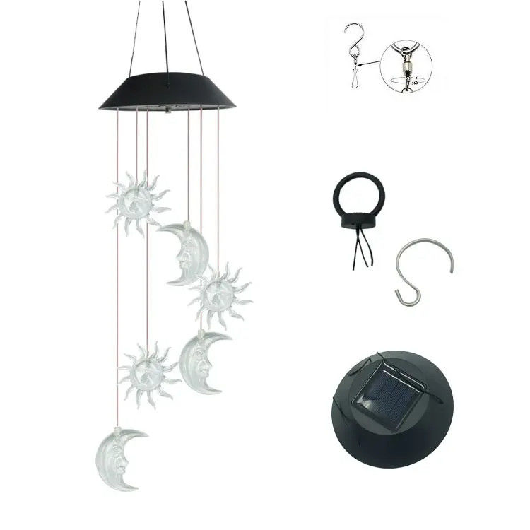 Soleil Lune Lumières solaires Chimes de vent colorées pour jardin Résistant à l'eau Gradient de sept couleurs