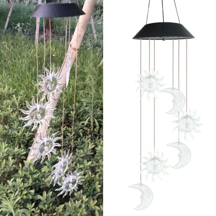 Soleil Lune Lumières solaires Chimes de vent colorées pour jardin Résistant à l'eau Gradient de sept couleurs