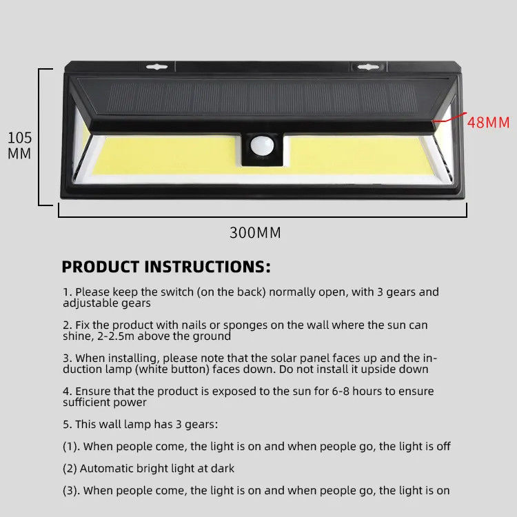 180 LED Cob Lumières solaires extérieures sans fil Capteur de mouvement